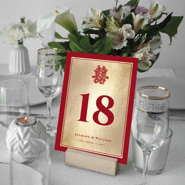 Invitation Mariage chinois double Xi coupé en papier Numéro d (Red/Gold Paper Cut Double Happiness Chinese Wedding 5" x 7" Table Number Card @ fatfatin_red_knot)