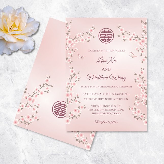 Invitation Mariage chinois en fleurs de cerisier rose poussié (Créateur téléchargé)