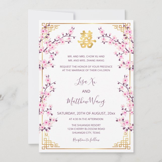 Invitation MARIAGE chinois en fleurs de cerisiers BILINGUES (Devant)