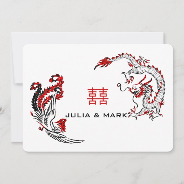 Invitation Mariage chinois moderne Black Red Dragon-Phoenix (Devant)