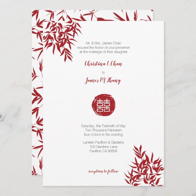 Invitation Mariage chinois moderne en bambou rouge double bon (Devant / Derrière)
