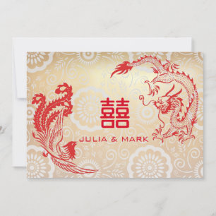 Invitation Mariage chinois moderne Red Gold Dragon-Phoenix