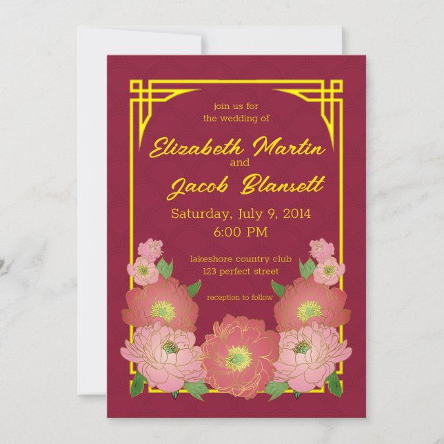 Invitation Mariage chinois Pink Peonies (Devant)