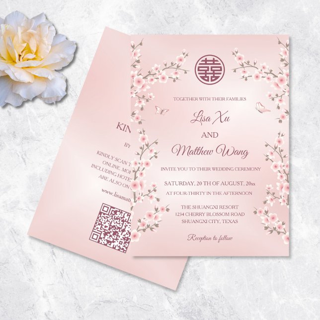 Invitation Mariage chinois QR Code Blush rose Cherry Blossom (Créateur téléchargé)