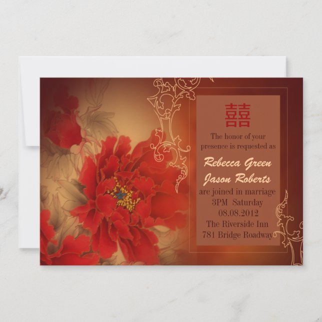 Invitation Mariage chinois Red Peony double bonheur (Devant)