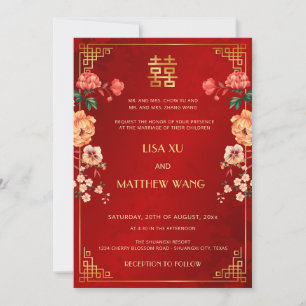 Invitation Mariage Chinois Rouge Cadre Or BILINGUE