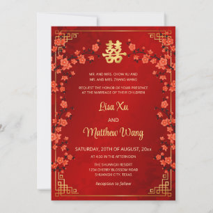 Invitation Mariage Chinois Rouge Cadre Or BILINGUE