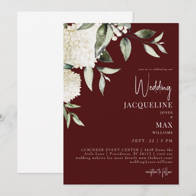 Invitation Mariage Chocolat Rouge Blanc Hydrangée (Devant / Derrière)
