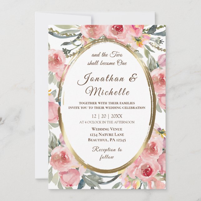 Invitation Mariage chrétien à cadre rose floral rose (Devant)