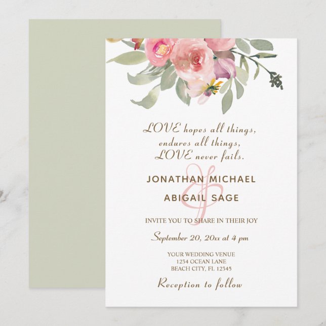 Invitation Mariage chrétien à cadre rose floral rose (Devant / Derrière)