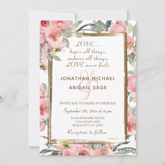 Invitation Mariage chrétien à cadre rose floral rose (Devant)
