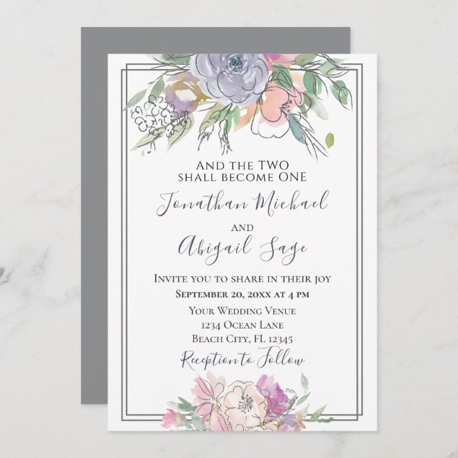 Invitation Mariage chrétien Lavender Blush Floral Grey Frame (Devant / Derrière)