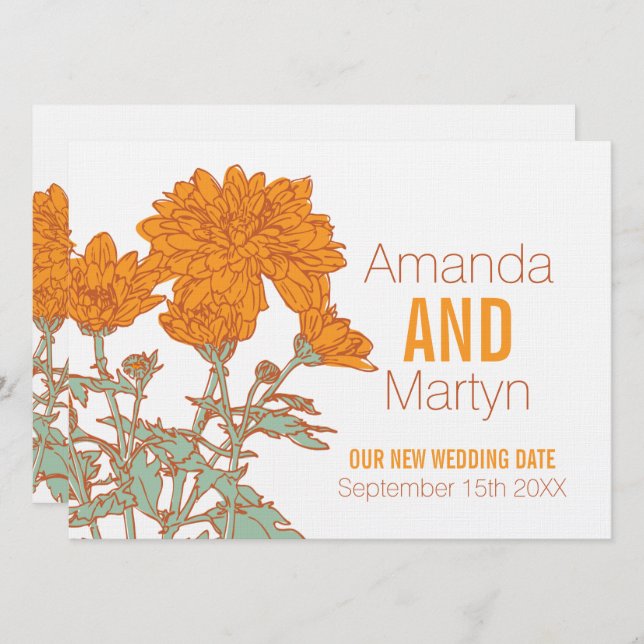 Invitation Mariage chrysanthemum blanc orange reprogrammé (Devant / Derrière)