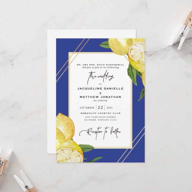 Invitation Mariage citron bleu et aquarelle tropicale (Devant/Arrière en situation)