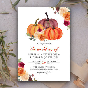 Invitation Mariage Citrouille Floral Orange Brûlé et Bourgogn