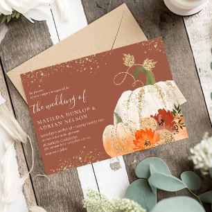 Invitation Mariage Citrouille Floral Pailleté Or Rustique