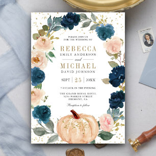 Invitation Mariage Citrouille Florale Bleu Nuit et Pêche Rust