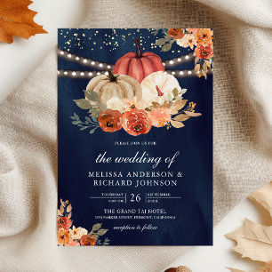Invitation Mariage Citrouille Florale Orange Brûlé Bleu Nuit