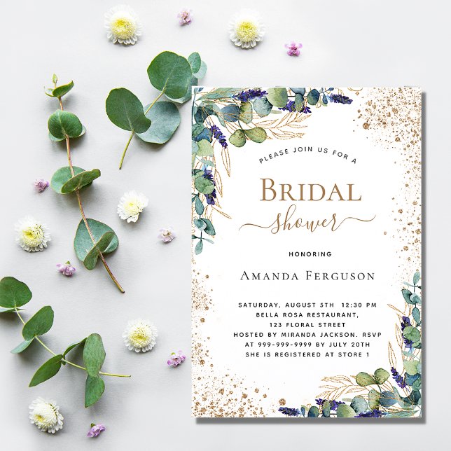 Invitation Mariage civil eucalyptus verdure paillettes dorées (Créateur téléchargé)