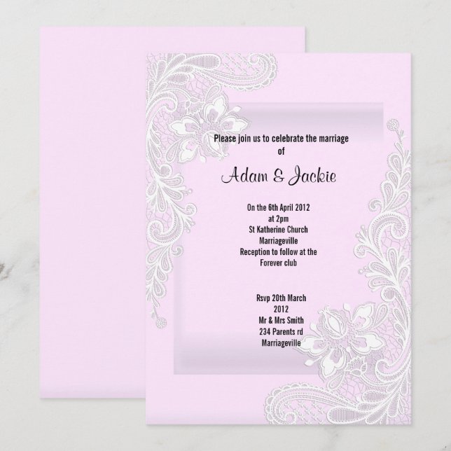 Invitation Mariage CLASSÉ ÉLÉGANT EN LACE ROSE (Devant / Derrière)