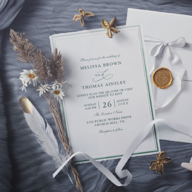 Invitation Mariage classique à code QR Monogramme vert budget (Créateur téléchargé)