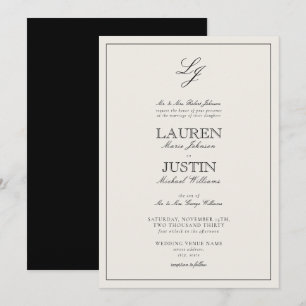 Invitation Mariage classique à monogramme en écriture noire e