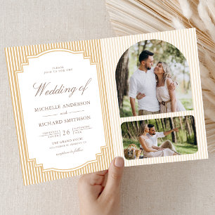 Invitation Mariage classique beige bronzé rayé code QR photo
