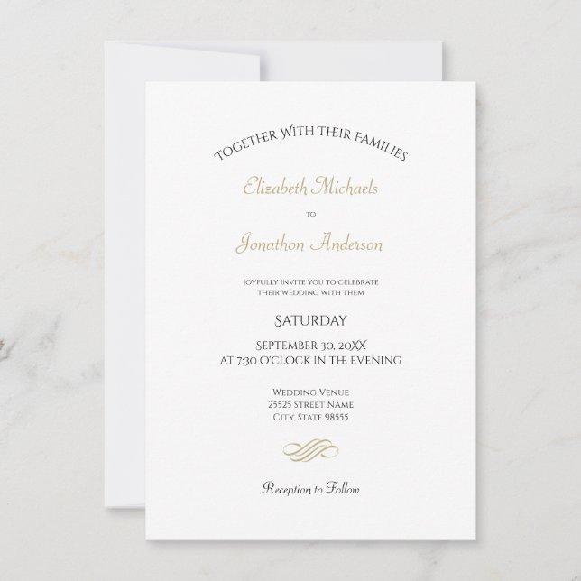 Invitation Mariage classique blanc et or simple (Devant)
