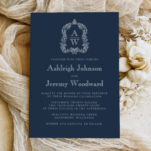 Invitation Mariage Classique Bleu Nuit au Blason Monogramme