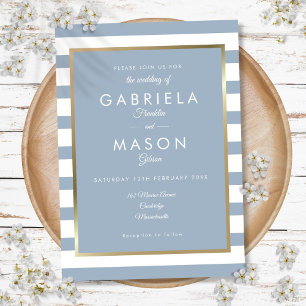 Invitation Mariage Classique Bleu Poussiéreux Rayé avec Faux