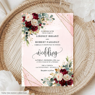 Invitation Mariage classique Boho Bourgogne or Blush Fleurs