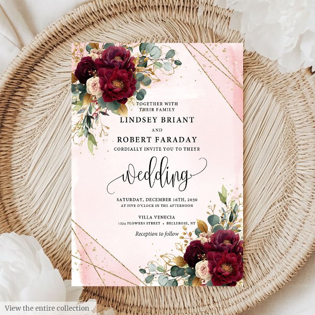 Invitation Mariage classique Boho Merlot or Fleurs blanches (Classic Boho Merlot Gold White Flowers Wedding Invitation)