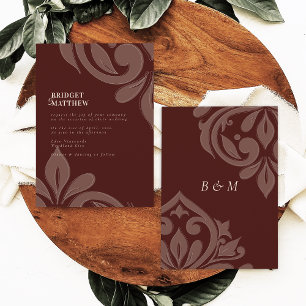 Invitation Mariage Classique Damassé au Goût Rouge Acajou
