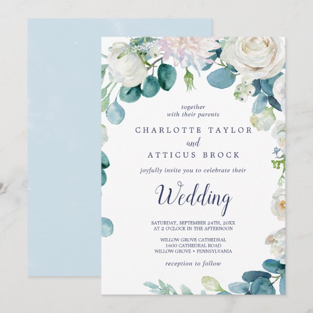 Invitation Mariage classique de fleurs blanches (Devant / Derrière)