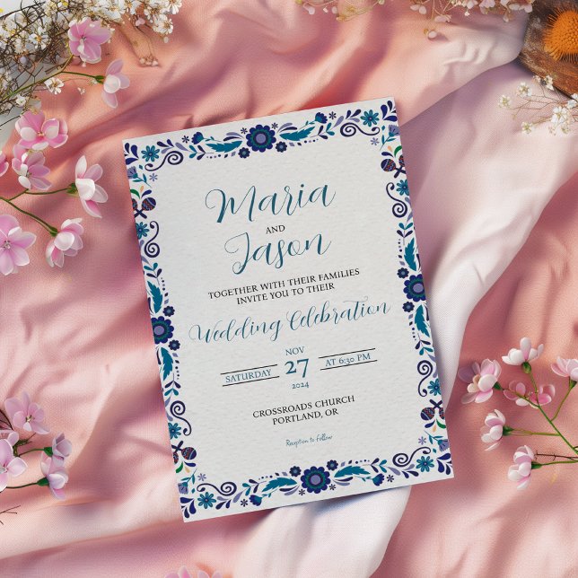 Invitation Mariage classique de la marine mexicaine blanc flo (Mexican Navy White Floral Elegant Classic Wedding Invitation)