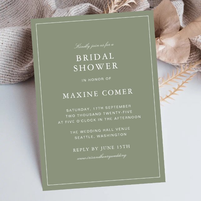 Invitation Mariage classique Dusty Green Script (Classic dusty green bridal shower invitations create a warm and elegant celebration atmosphere.)
