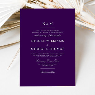Invitation Mariage Classique Élégant Monogramme Violet Foncé