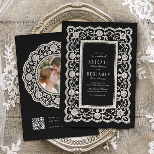 Invitation Mariage Classique en Dentelle Florale Noire Vintag