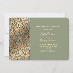 Invitation Mariage Classique Ethnique Vert Sauge et Or Faux