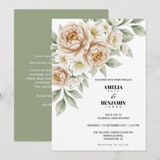 Invitation Mariage Classique Fleurs de Beige Doux et Verdure