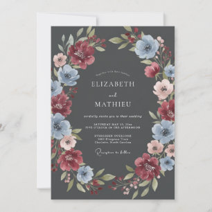 Invitation Mariage Classique Floral Bleu et Bordeaux