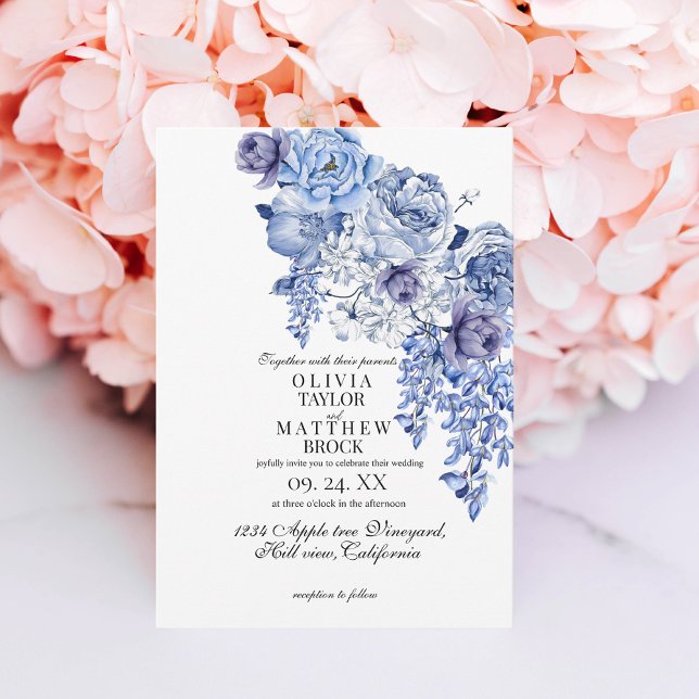 Invitation Mariage classique floral élégant de la Marine (Créateur téléchargé)