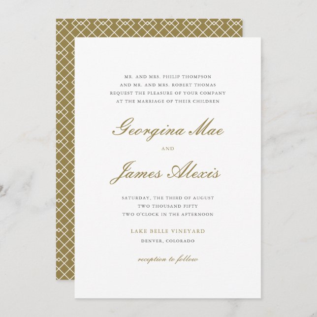 Invitation Mariage classique Gold et White Bold Script (Devant / Derrière)