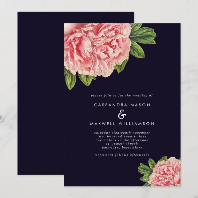 Invitation Mariage classique Marine & Pink Peony (Devant / Derrière)