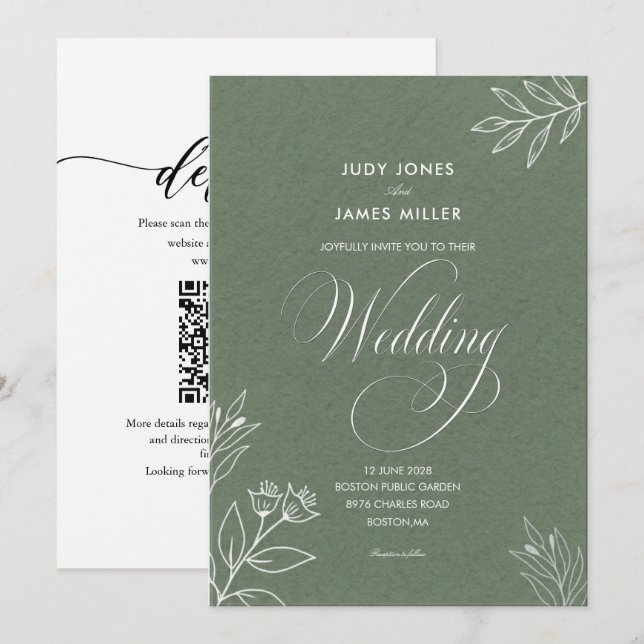 Invitation mariage classique minimal simple rustique vert sau (Devant / Derrière)