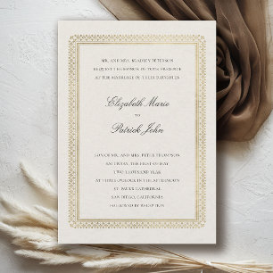 Invitation Mariage Classique Moderne en Lin Géométrique Doré 
