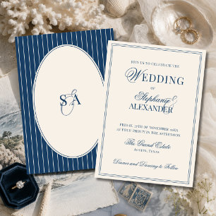 Invitation Mariage Classique Monogramme Bleu Nuit Ivoire Arge