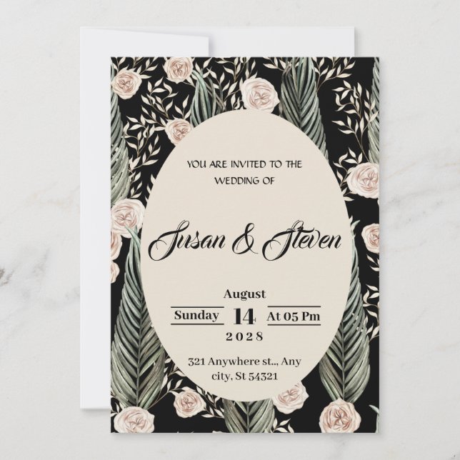 Invitation Mariage classique, roses roses roses, beige, feuil (Devant)