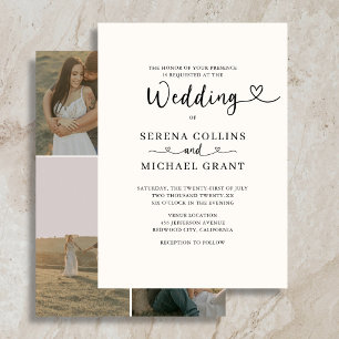 Invitation Mariage Classique Script Cœur 4 Photo Bordeaux