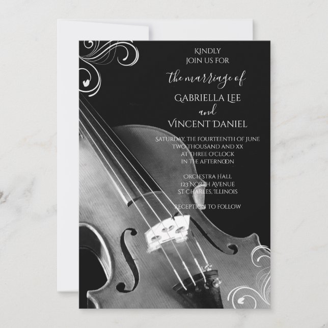 Invitation Mariage classique violon noir et blanc (Devant)